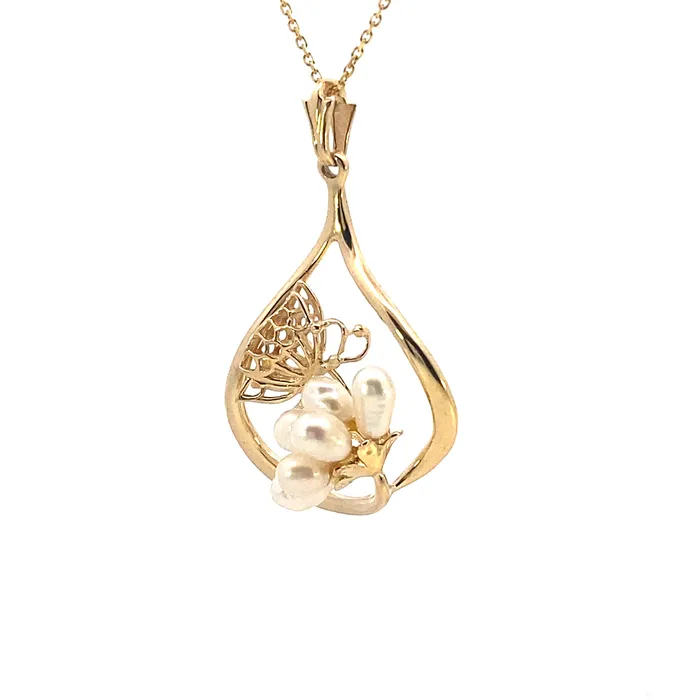 Thollot Diamonds and Jewelry Estate Necklaces Estate 14K Yellow Gold 000ctw Butterfly and Floral Style Pearl Necklace Thollot Diamonds and Jewelry Estate Necklaces Estate 14K Yellow Gold 000ctw Butterfly and Floral Style Pearl Necklace