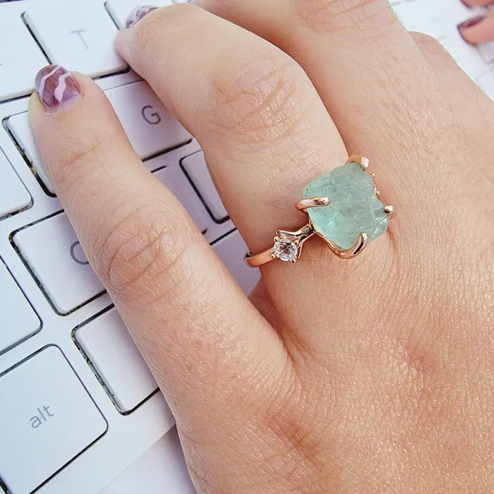 Uniquelan Jewelry Rings Raw Aquamarine Birthstone Ring