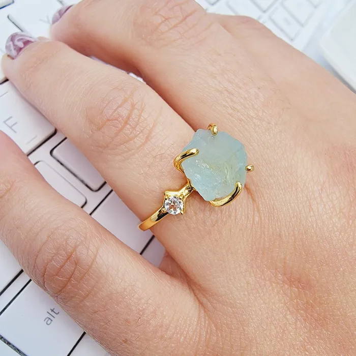 Uniquelan Jewelry Rings Raw Aquamarine Birthstone Ring Uniquelan Jewelry Rings Raw Aquamarine Birthstone Ring