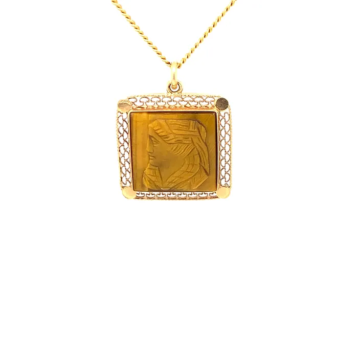 Vintage Engraved Tigers Eye Cameo Pendant 18 Necklace Solid 14K Yellow Gold Vintage Magnality Necklaces