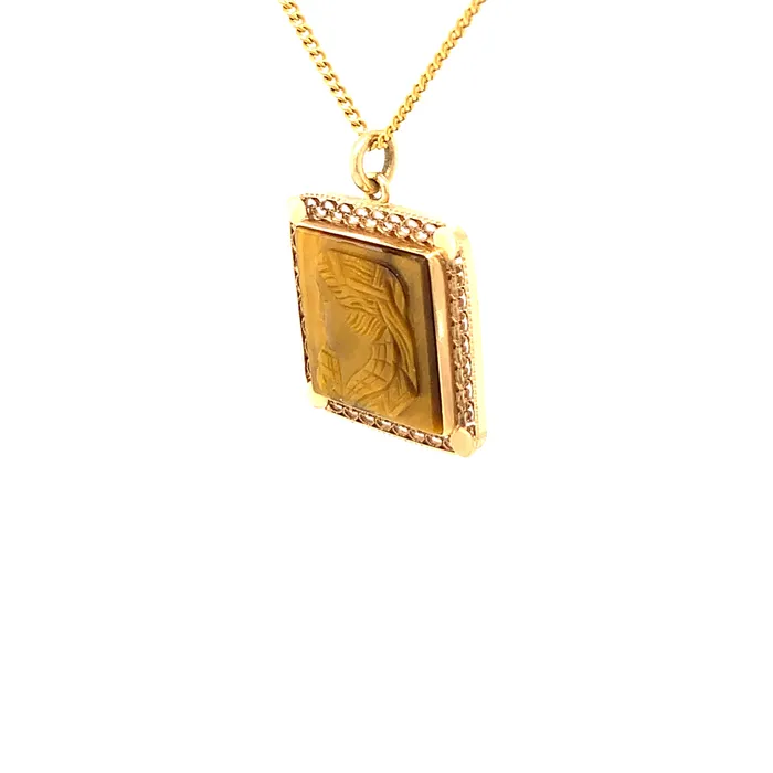 Vintage Engraved Tigers Eye Cameo Pendant 18 Necklace Solid 14K Yellow Gold Vintage Magnality Necklaces