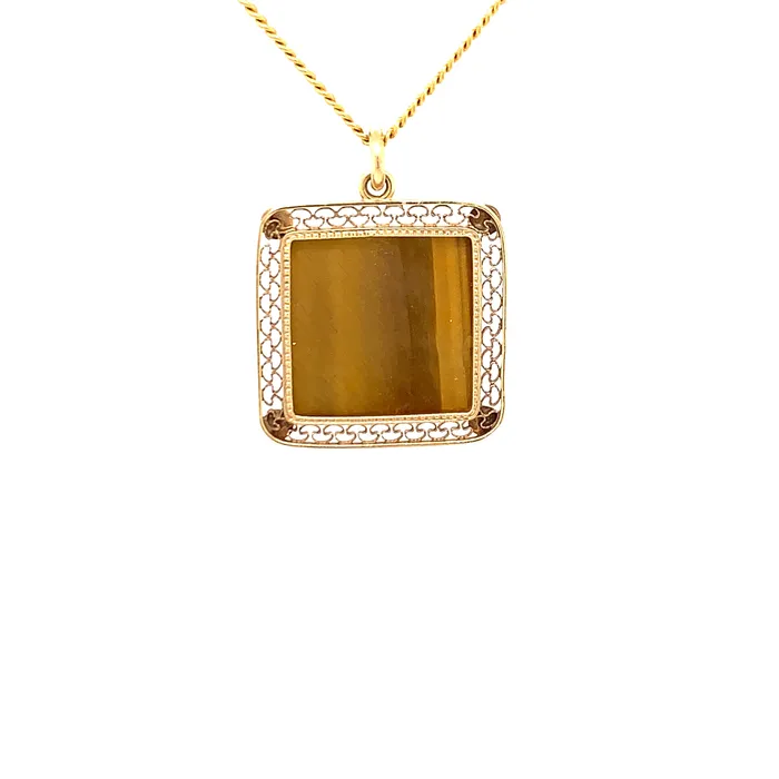 Vintage Engraved Tigers Eye Cameo Pendant 18 Necklace Solid 14K Yellow Gold Vintage Magnality Necklaces