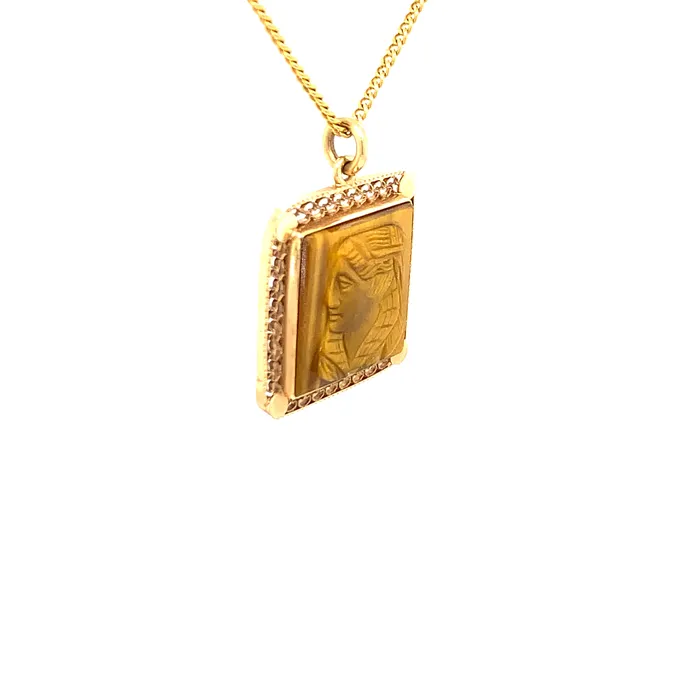 Vintage Engraved Tigers Eye Cameo Pendant 18 Necklace Solid 14K Yellow Gold Vintage Magnality Necklaces