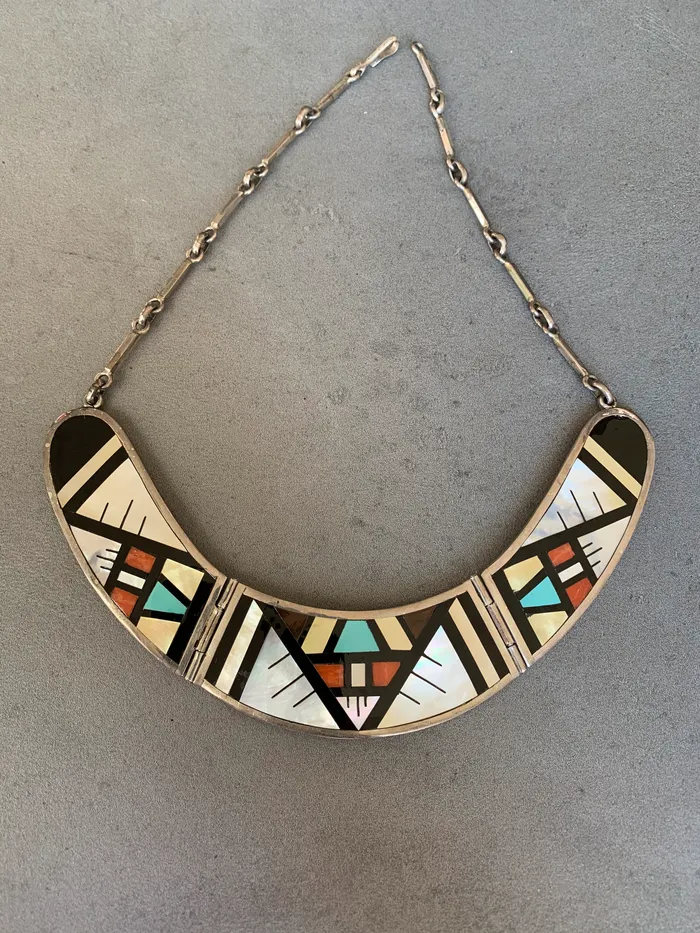 Zuni Inlay Necklace Sterling multi stone by Sue Crown Jewels Coin Necklaces