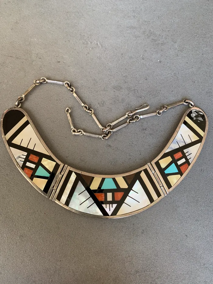 Zuni Inlay Necklace Sterling multi stone by Sue Crown Jewels Coin Necklaces